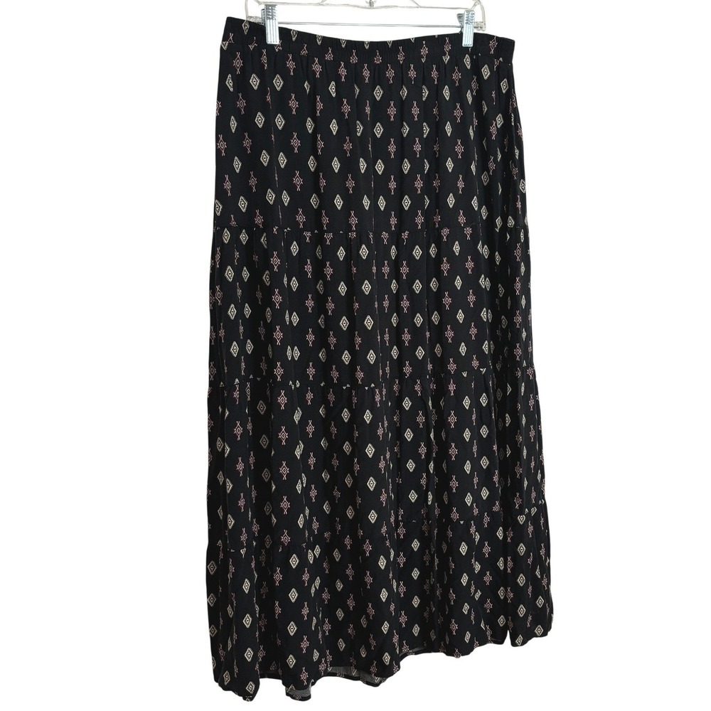 Boho Tiered Maxi Skirt Black Flowy Indie Granola Y2K Hippie Peasant Spring LARGE